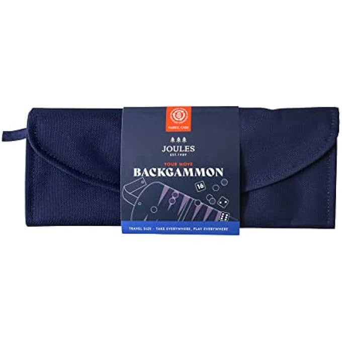 Joules NAVY & ORANGE TRAVEL BACKGAMMON SET WITH ROLL UP GAMEBOARD WITH ZIP POCKET PLUS 30 WOODEN COUNTERS AND 3 DICE - Image 2
